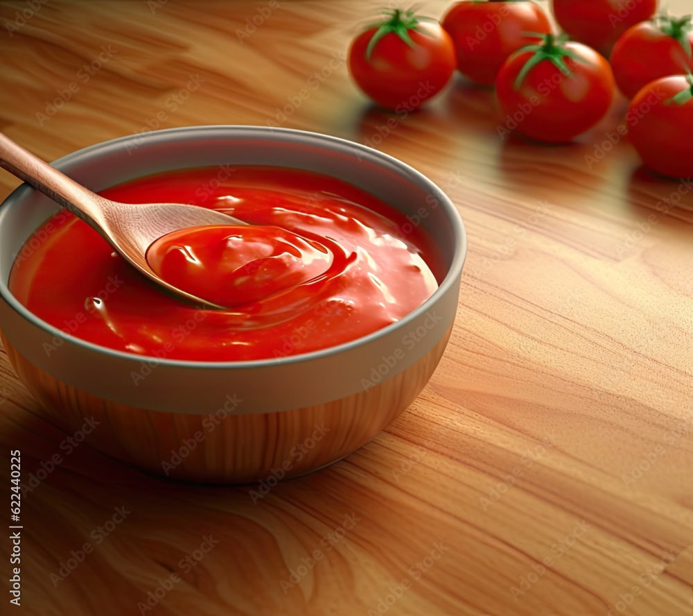 Close up of ketchup and tomatoes placed on a wooden background. Scoop ketchup with a spoon. Created with Generative AI technology. Close up of ketchup and tomatoes placed on a wooden background. Scoop ketchup with a spoon. Created with Generative AI technology.
