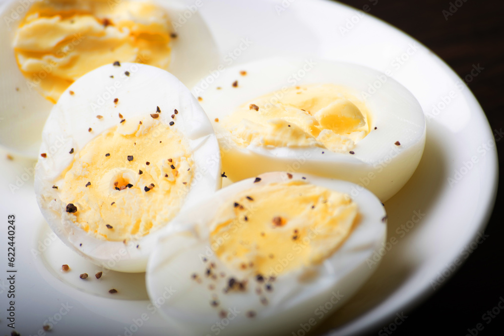Closeup of boiled egg in plate Closeup of boiled egg in plate