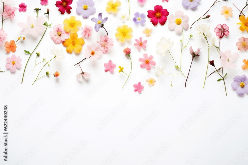 Frame with little colorful flowers on clear white background. Greeting card template for wedding, mothers or womans day. Springtime composition with copy space. Flat lay style Frame with little colorful flowers on clear white background. Greeting card template for wedding, mothers or womans day. Springtime composition with copy space. Flat lay style