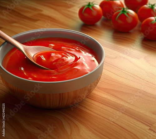 Close up of ketchup and tomatoes placed on a wooden background. Scoop ketchup with a spoon. Created with Generative AI technology.