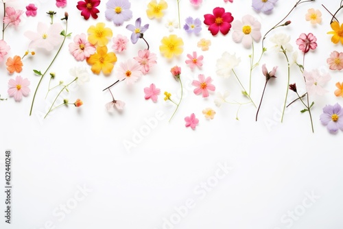 Frame with little colorful flowers on clear white background. Greeting card template for wedding  mothers or womans day. Springtime composition with copy space. Flat lay style