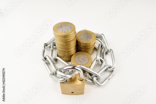 Indian currency coin with lock isolated on white background, money safety concept