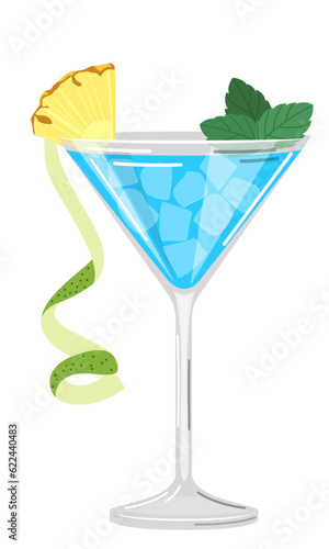 Vector illustration of a blue cocktail with a piece of pineapple, mint leaves and ice cubes on a white background in a flat style. Suitable for menu design, food stickers, scrapbooking.