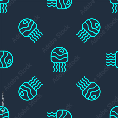 Green line Jellyfish icon isolated seamless pattern on blue background. Vector