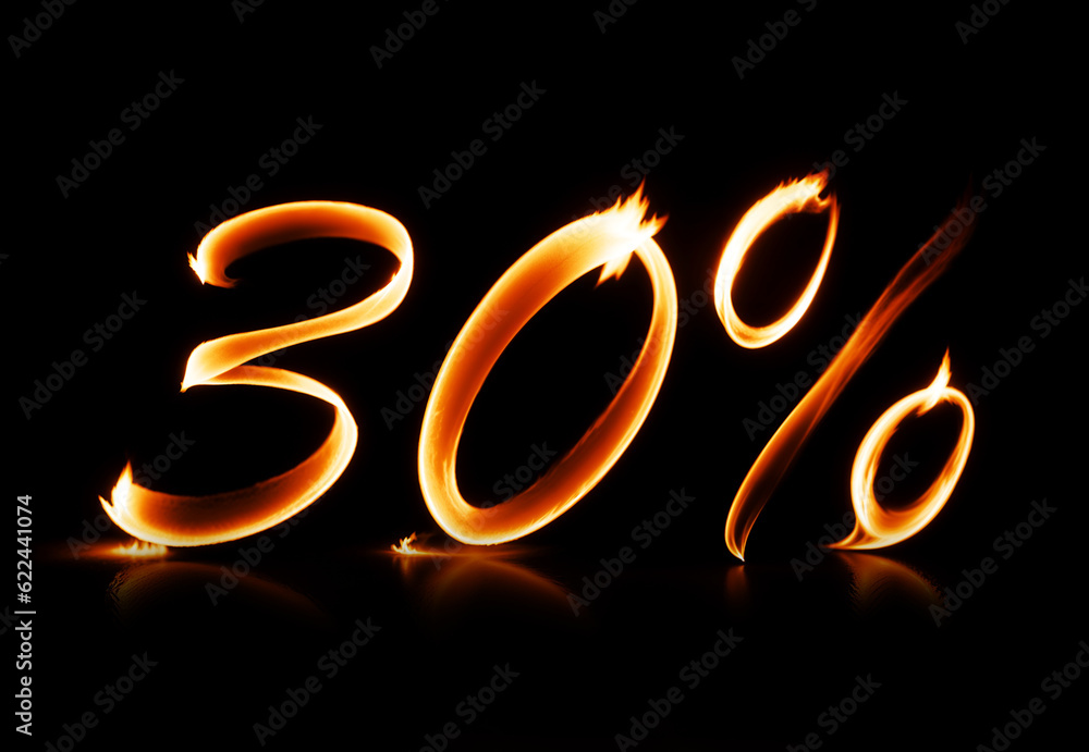 30% off value symbol made from burning flame, on black background, hot sale discount. Generative AI 30% off value symbol made from burning flame, on black background, hot sale discount. Generative AI