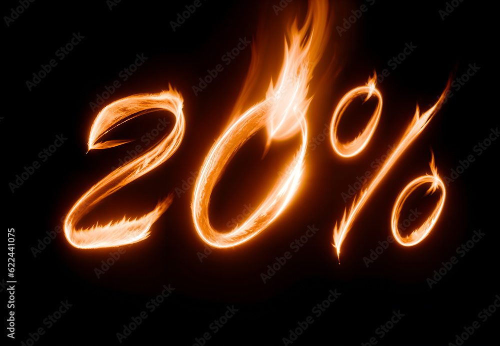 20% off value symbol made from burning flame, on black background, hot sale discount. Generative AI 20% off value symbol made from burning flame, on black background, hot sale discount. Generative AI