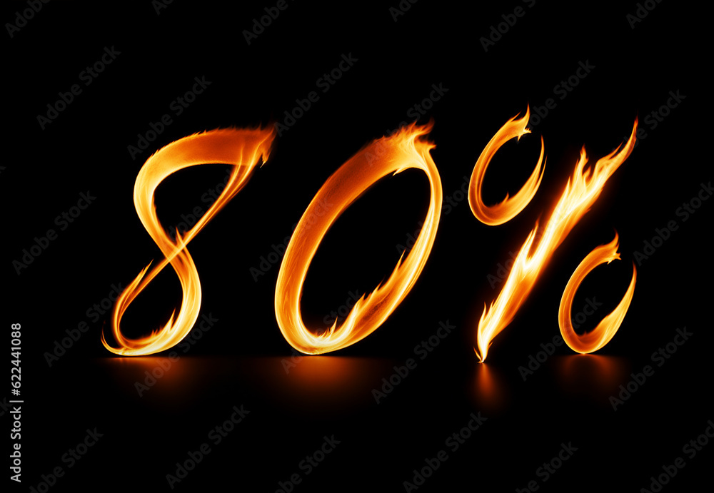 80% off value symbol made from burning flame, on black background, hot sale discount. Generative AI 80% off value symbol made from burning flame, on black background, hot sale discount. Generative AI