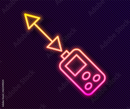 Glowing neon line Laser distance measurer icon isolated on black background. Laser distance meter measurement equipment. Vector