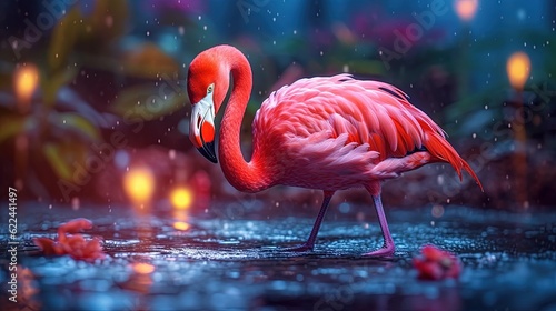  a pink flamingo standing in the rain with its head down.  generative ai © Olga