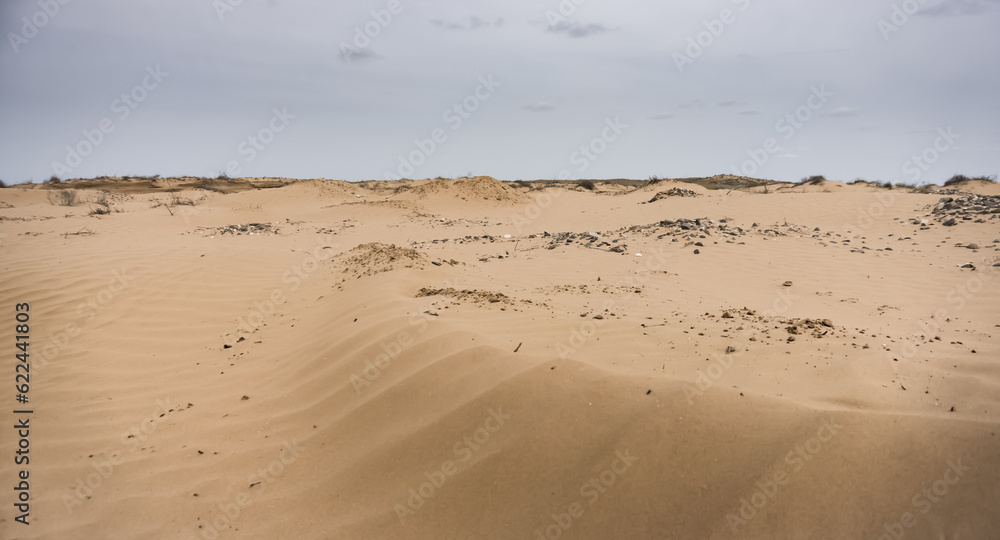 Landscape in the desert with sandy remnants and sandstone in cloudy weather, sand texture in the foreground Landscape in the desert with sandy remnants and sandstone in cloudy weather, sand texture in the foreground