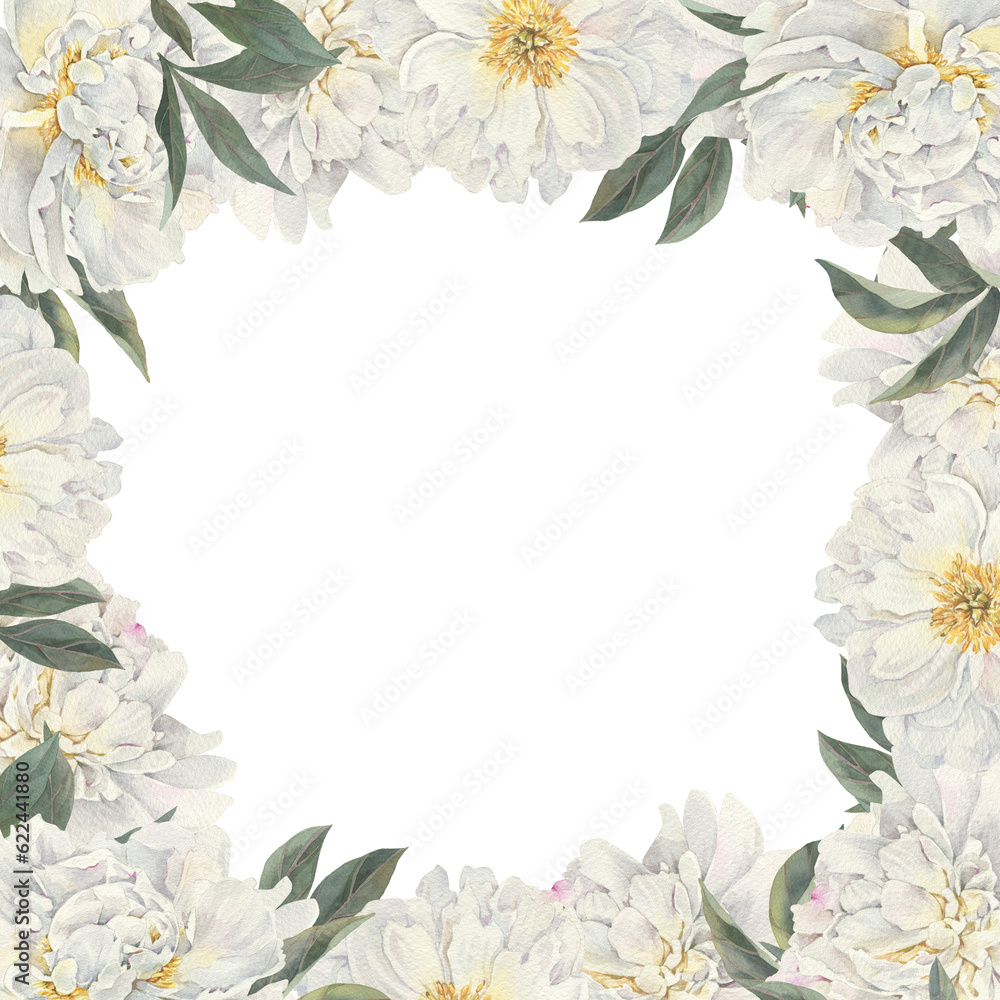 Watercolor floral frame border with white flowers, peony, green leaves, branches for wedding stationary, greetings, wallpapers, fashion, background.