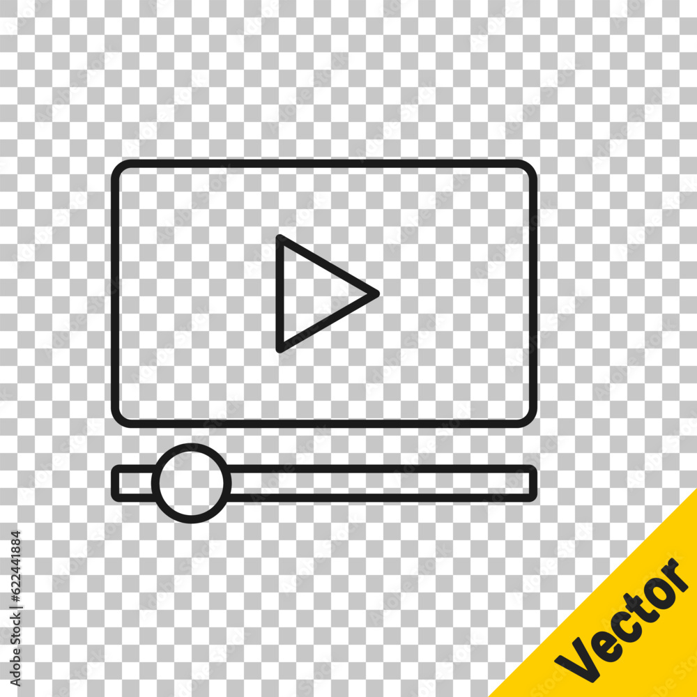 Black line Online play video icon isolated on transparent background. Film strip with play sign. Vector Black line Online play video icon isolated on transparent background. Film strip with play sign. Vector