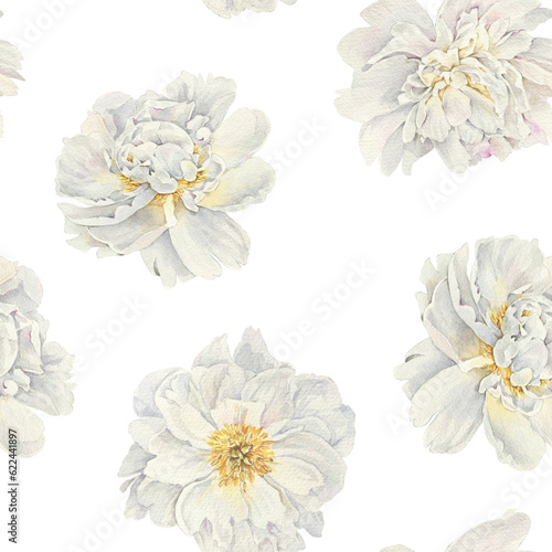 Watercolor seamless floral pattern with peonies on white background  watercolor. Template design for textiles  interior  clothes  wallpaper. Botanical art