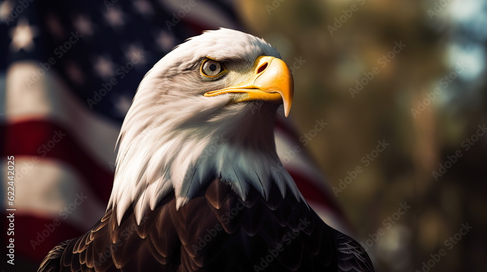 Fototapeta premium Portrait of a bald eagle on the background of the American flag.Generative AI