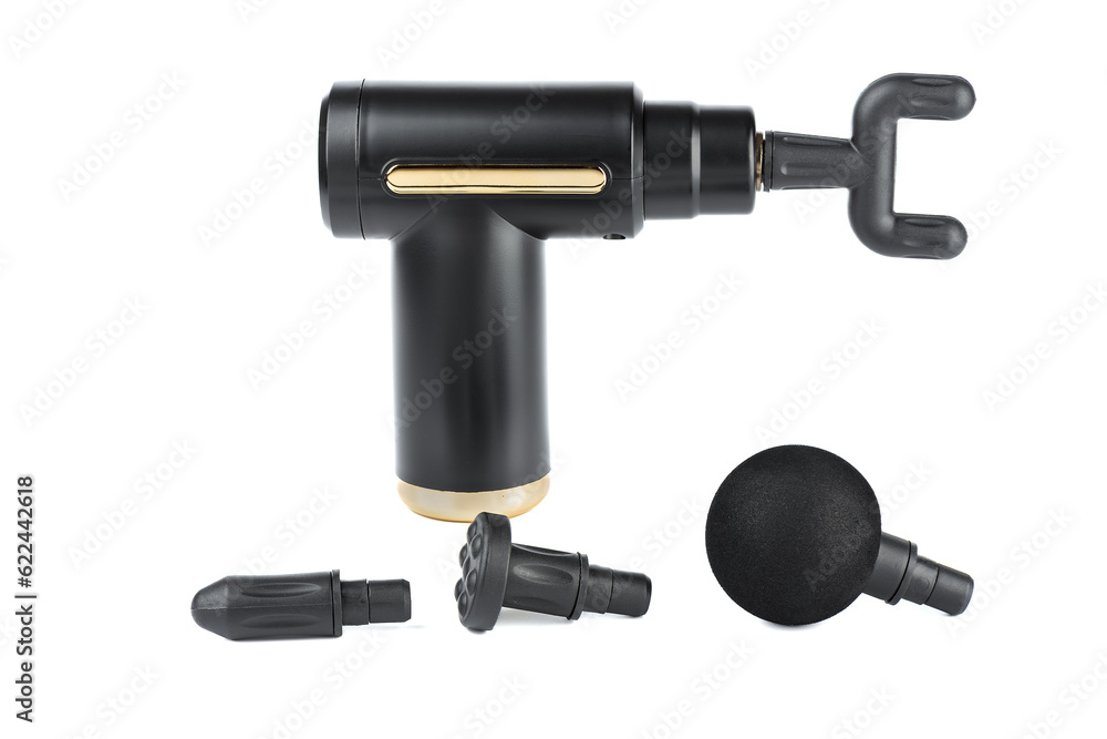 Massage gun and nozzles of various configurations on a white background. Massage gun and nozzles of various configurations on a white background.