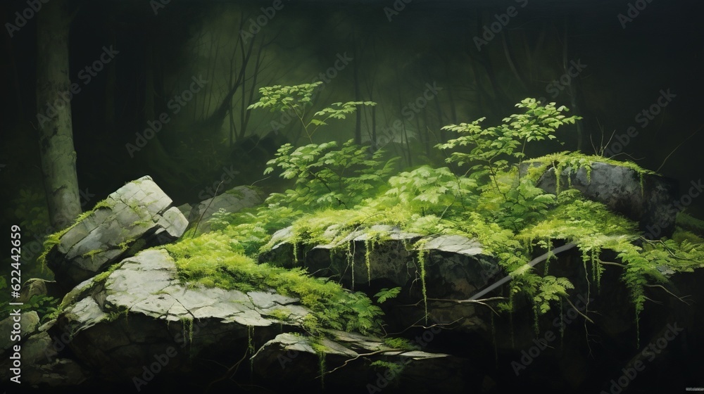 a painting of a forest with rocks and plants on the ground. generative ai a painting of a forest with rocks and plants on the ground. generative ai