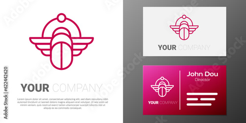 Logotype line Egyptian Scarab icon isolated on white background. Winged scarab Beetle and sun. Logo design template element. Vector