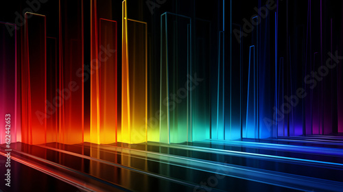 abstract rainbow spectrum glowing paralel lines on dark background, generative, ai
