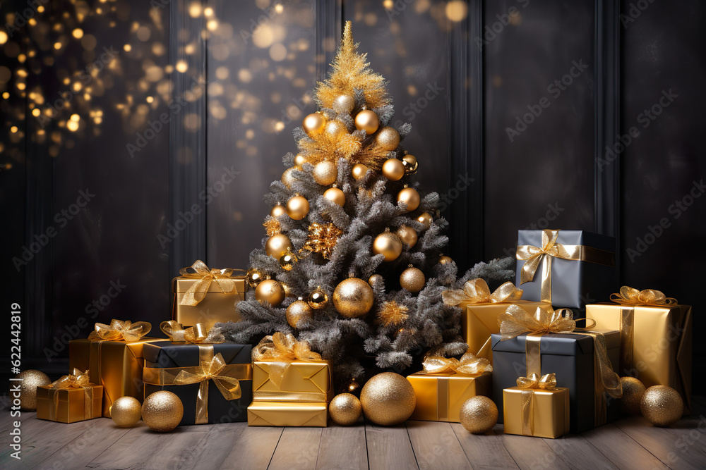 Merry Christmas holiday celebration greeting card background - Modern christmas tree with golden noble luxurious baubles and presents on floor | Generative AI