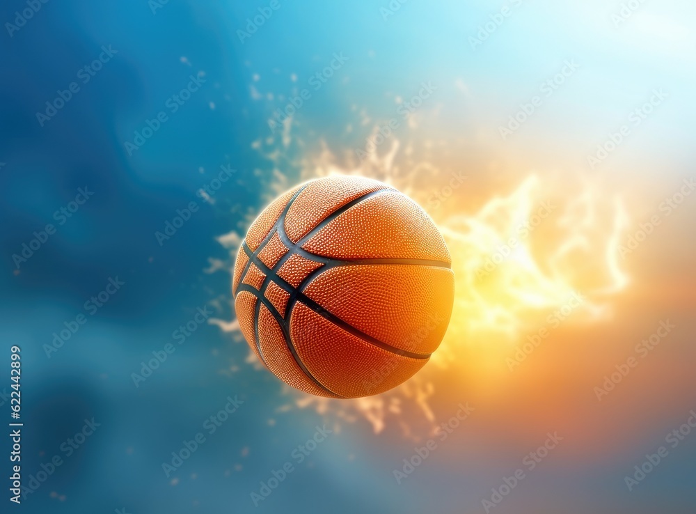 Obraz premium Street basketball ball falling into the hoop. Close up of orange ball above the hoop net with blue sky in the background. Created with Generative AI technology.