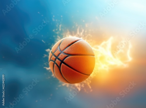 Street basketball ball falling into the hoop. Close up of orange ball above the hoop net with blue sky in the background. Created with Generative AI technology. © lililia