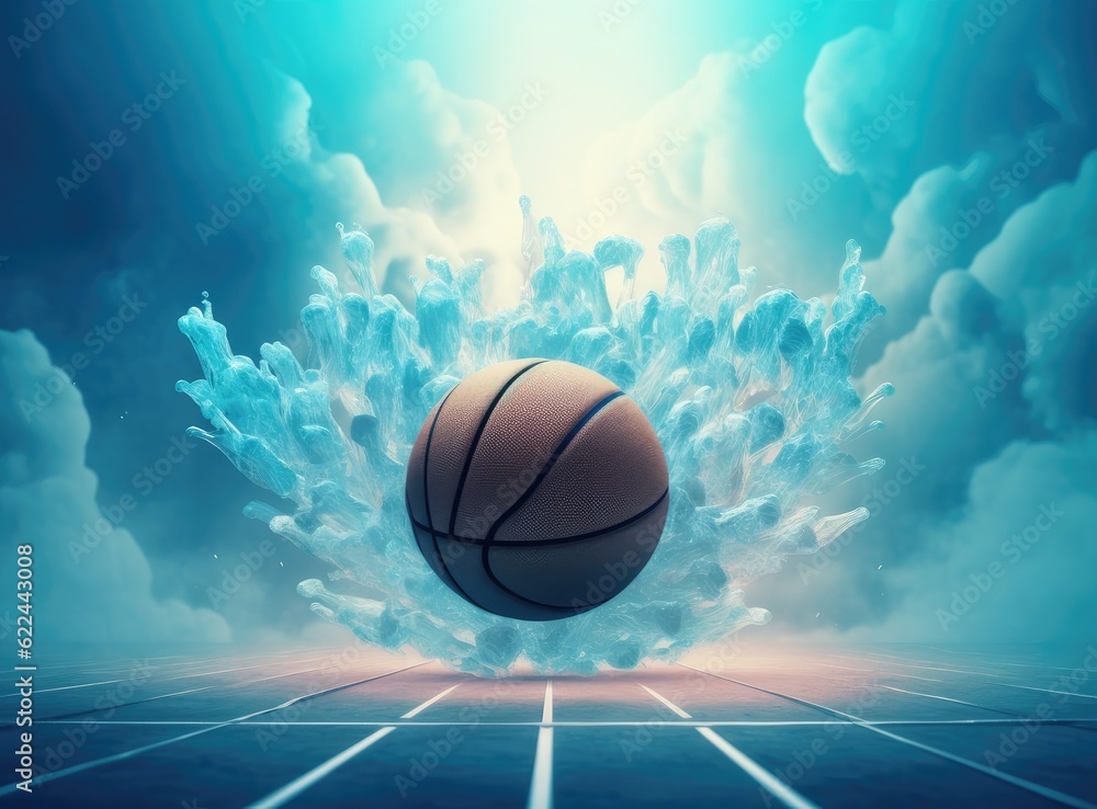 Obraz premium Street basketball ball falling into the hoop. Close up of orange ball above the hoop net with blue sky in the background. Created with Generative AI technology.