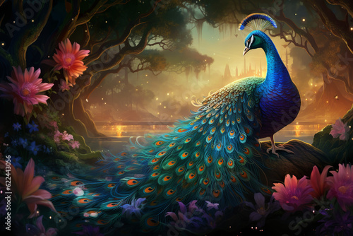 a beautiful colorful peacock bird in a fantasy enchanted forest, gnerative ai