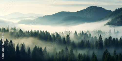 landscape of mountains and pine forest with mist and fog at morning  mystic panoramic view  generative ai