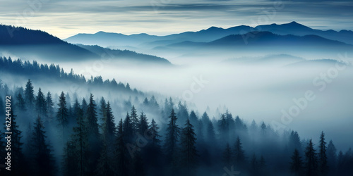 landscape of mountains and pine forest with mist and fog at morning  mystic panoramic view  generative ai