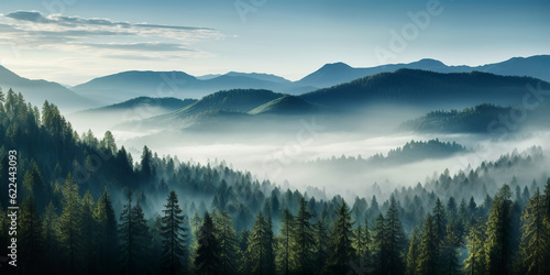 landscape of mountains and pine forest with mist and fog at morning, mystic panoramic view, generative ai