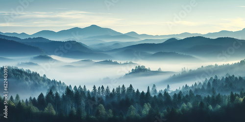 landscape of mountains and pine forest with mist and fog at morning, mystic panoramic view, generative ai © Gbor