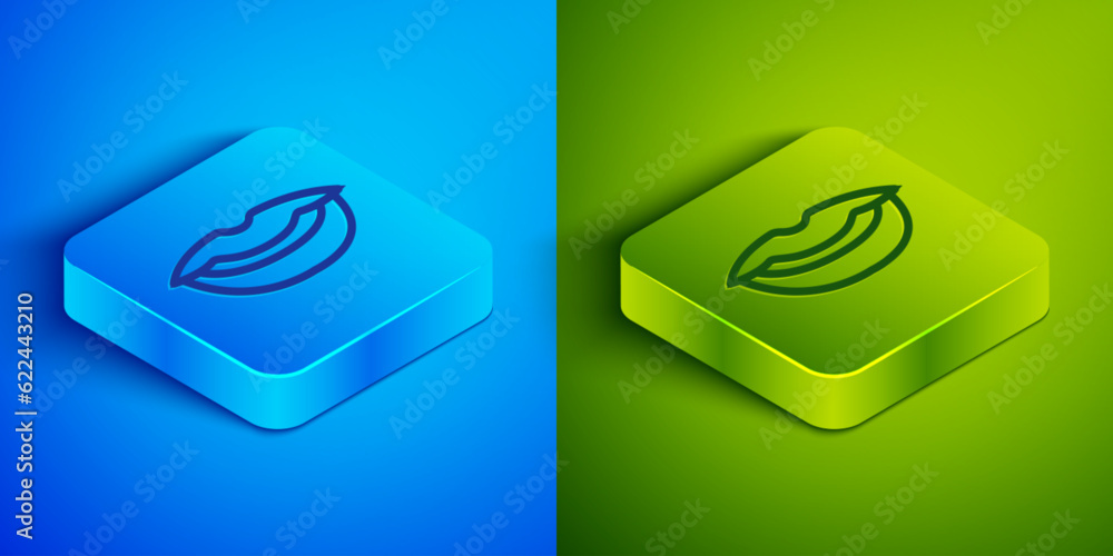 Isometric line Smiling lips icon isolated on blue and green background. Smile symbol. Square button. Vector Isometric line Smiling lips icon isolated on blue and green background. Smile symbol. Square button. Vector