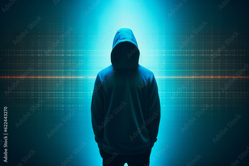 faceless person in a hoodie, digital hacker, glowing background, empty space, internet fraud generative ai faceless person in a hoodie, digital hacker, glowing background, empty space, internet fraud generative ai