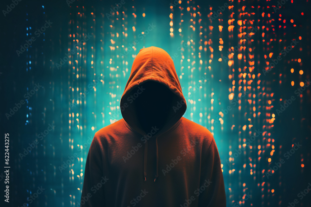 faceless person in a hoodie, digital hacker, glowing background, empty space, internet fraud generative ai