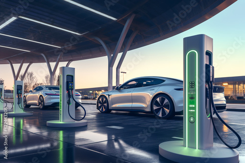 modern electric car at standalone electric vehicle charging station, generative ai © Gbor