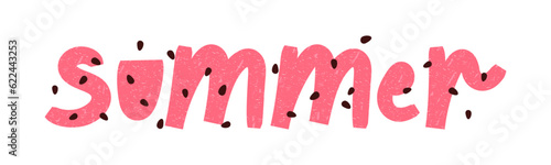 Lettering of summer with watermelon seeds hand drawn texture. Brown seeds and pink letters. Doodle calligraphy for postcard, t-shirt, package. Vector illustration isolated on white background