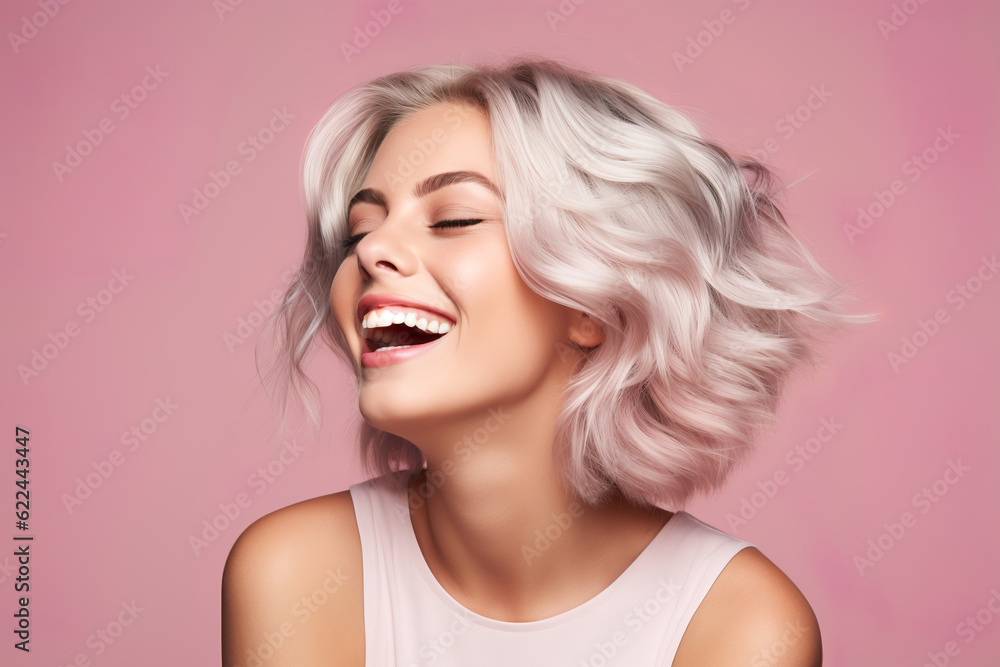 Young woman with silver blonde hair smiling on a pink background, generative ai