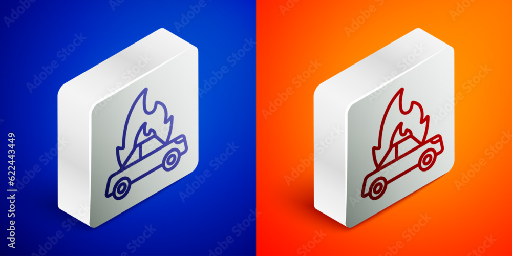 Isometric line Burning car icon isolated on blue and orange background. Insurance concept. Car on fire. Broken auto covered with fire and smoke. Silver square button. Vector Isometric line Burning car icon isolated on blue and orange background. Insurance concept. Car on fire. Broken auto covered with fire and smoke. Silver square button. Vector