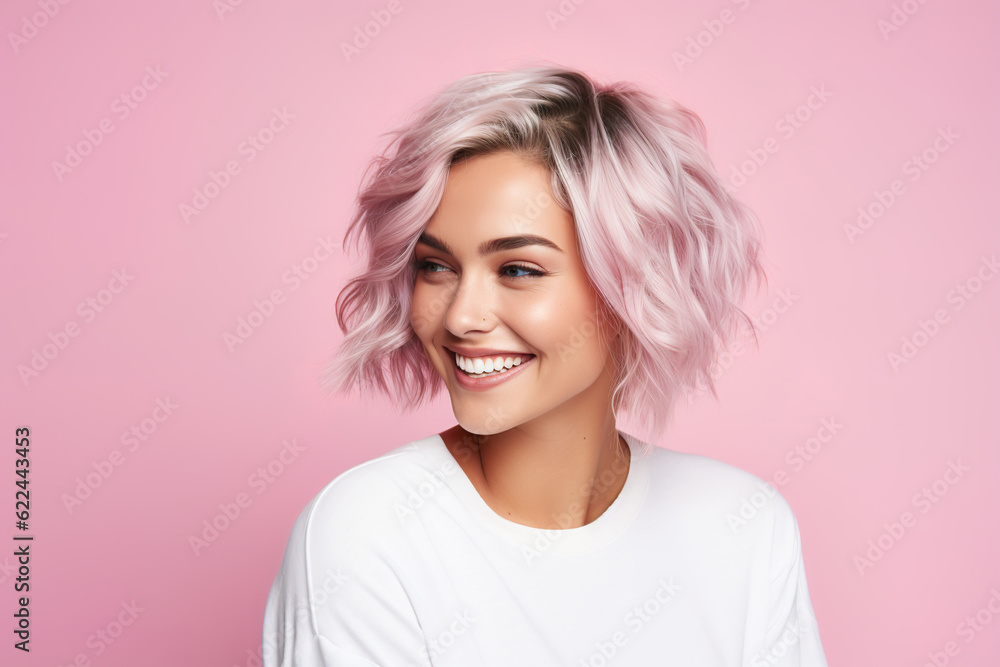 Young woman with silver blonde hair smiling on a pink background, generative ai Young woman with silver blonde hair smiling on a pink background, generative ai