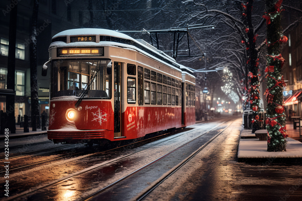 a tram decorated with Christmas lights drives through the snowy streets of the big city on Christmas Eve, generative ai