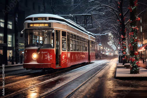 a tram decorated with Christmas lights drives through the snowy streets of the big city on Christmas Eve, generative ai