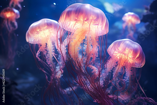 Radioactive jellyfish in a sea of liquid methane, extraterrestrial life forms, generative ai