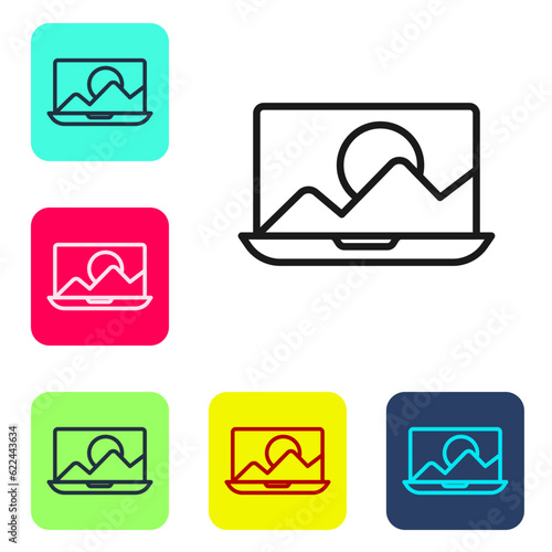 Black line Photo retouching icon isolated on white background. Photographer, photography, retouch icon. Set icons in color square buttons. Vector