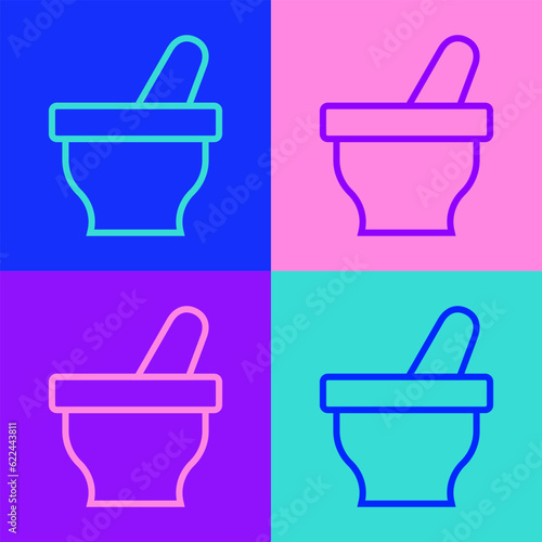 Pop art line Mortar and pestle icon isolated on color background. Vector