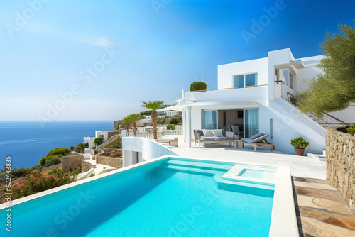 luxury white villa next to the sea at summer with swimming pool in resort, generative ai © Gbor