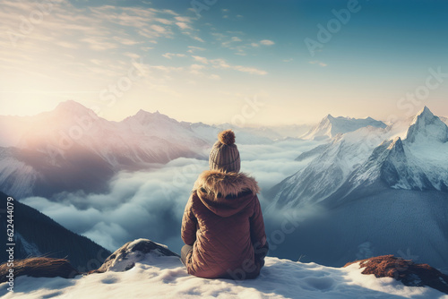 woman enjoying the view of the winter mountain, generative ai