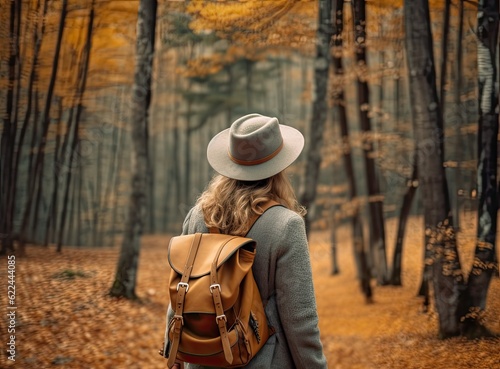 Travel young woman wearing brown hat, plaid shirt, jeans and brown boots with backpack looking on wonderful canyon with moss on rocks after hiking. Created with Generative AI technology. © lililia