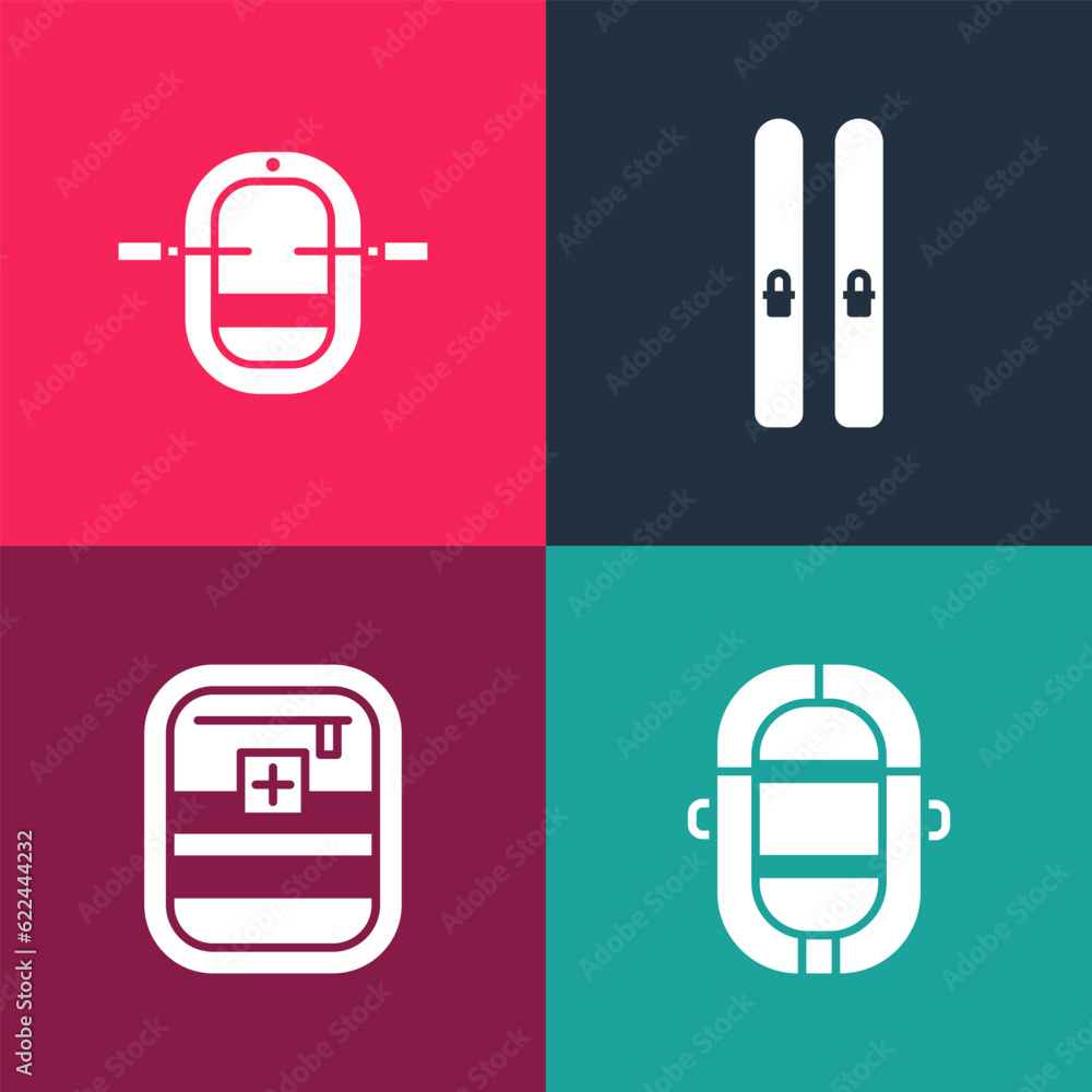 Set pop art Rafting boat, First aid kit, Ski and sticks and icon. Vector Set pop art Rafting boat, First aid kit, Ski and sticks and icon. Vector