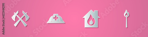 Set paper cut Firefighter axe, helmet, in burning house and Burning match with fire icon. Paper art style. Vector