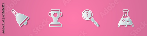 Set paper cut Ringing bell, Award cup, Unknown search and Test tube and flask icon. Paper art style. Vector